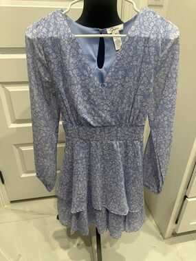 Japna Light Blue Floral Long-Sleeve Tiered Dress